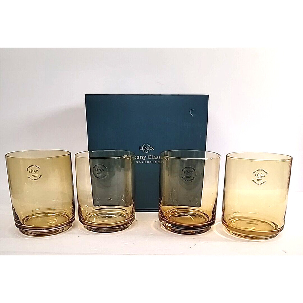 Lenox Tuscany Classics Amber Yellow 14oz Stackable Drinking/Rocks Glasses 4 Set
